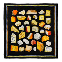 Load image into Gallery viewer, Silk scarf featuring hand painted illustrations of a variety of cheeses -25" x 25" / 63.5cm x 63.5cm -100% Silk Twill scarf with hand-rolled edges -Made in Italy -Care: Dry Clean Only