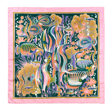 Load image into Gallery viewer, Silk scarf featuring tropical fish making their way through a lush coral reef -25" x 25" / 63.5cm x 63.5cm -100% Silk Twill scarf with hand-rolled edges -Made in Italy -Care: Dry Clean Only