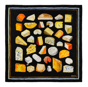 Silk scarf featuring hand painted illustrations of a variety of cheeses       -25" x 25" / 63.5cm x 63.5cm  -100% Silk Twill scarf with hand-rolled edges  -Made in Italy  -Care: Dry Clean Only