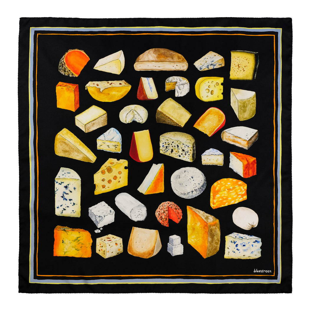 Silk scarf featuring hand painted illustrations of a variety of cheeses       -25