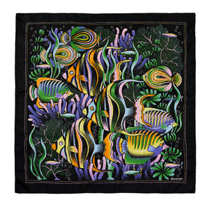 Silk scarf featuring tropical fish making their way through a lush coral reef      -25" x 25" / 63.5cm x 63.5cm  -100% Silk Twill scarf with hand-rolled edges  -Made in Italy  -Care: Dry Clean Only